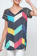 Load image into Gallery viewer, V Neck Geo Stripe Color Block Short Sleeve Lightweight Top
