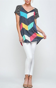 V Neck Geo Stripe Color Block Short Sleeve Lightweight Top