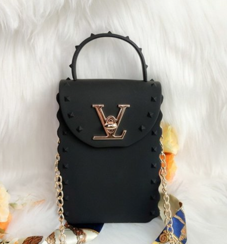 Designer Inspired Matte Jelly Bag with Studs, Handle, & Gold Strip Chain