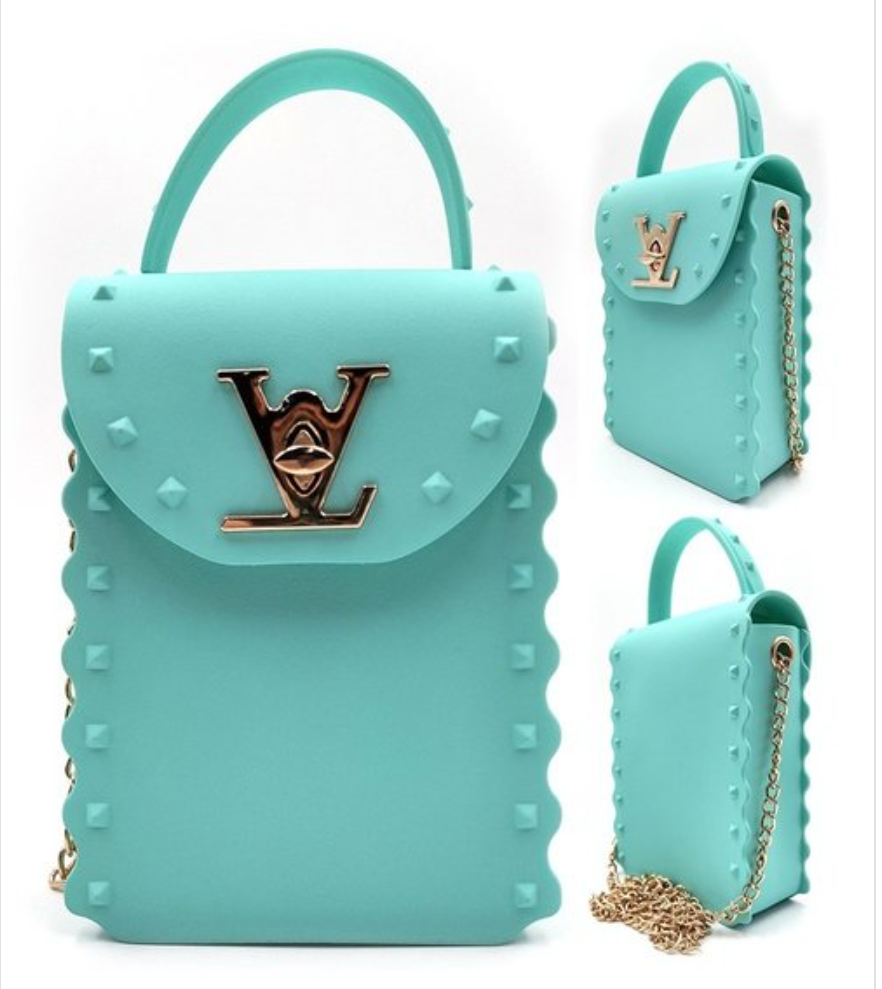 Designer Inspired Matte Jelly Bag with Studs, Handle, & Gold Strip Chain