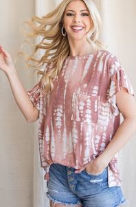 Tye Dye Top with Ruffled Sleeves Charcoal or Rust Colors