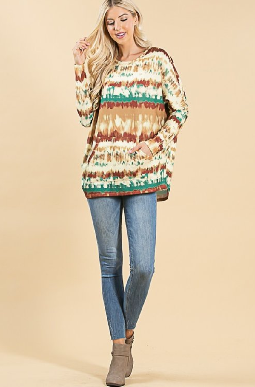 The Silvia-Tie Dye Mocha Brown & Green Front Pocket Ultra Soft Hacci Sweater