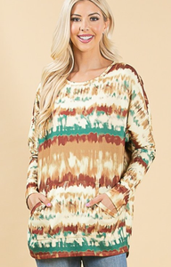 The Silvia-Tie Dye Mocha Brown & Green Front Pocket Ultra Soft Hacci Sweater