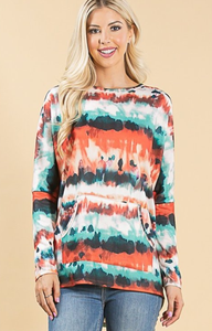 The Silvia II- Turquoise, Orange, & Rust Tie Dye Ultra Soft Hacci Sweater by Avery Apparel