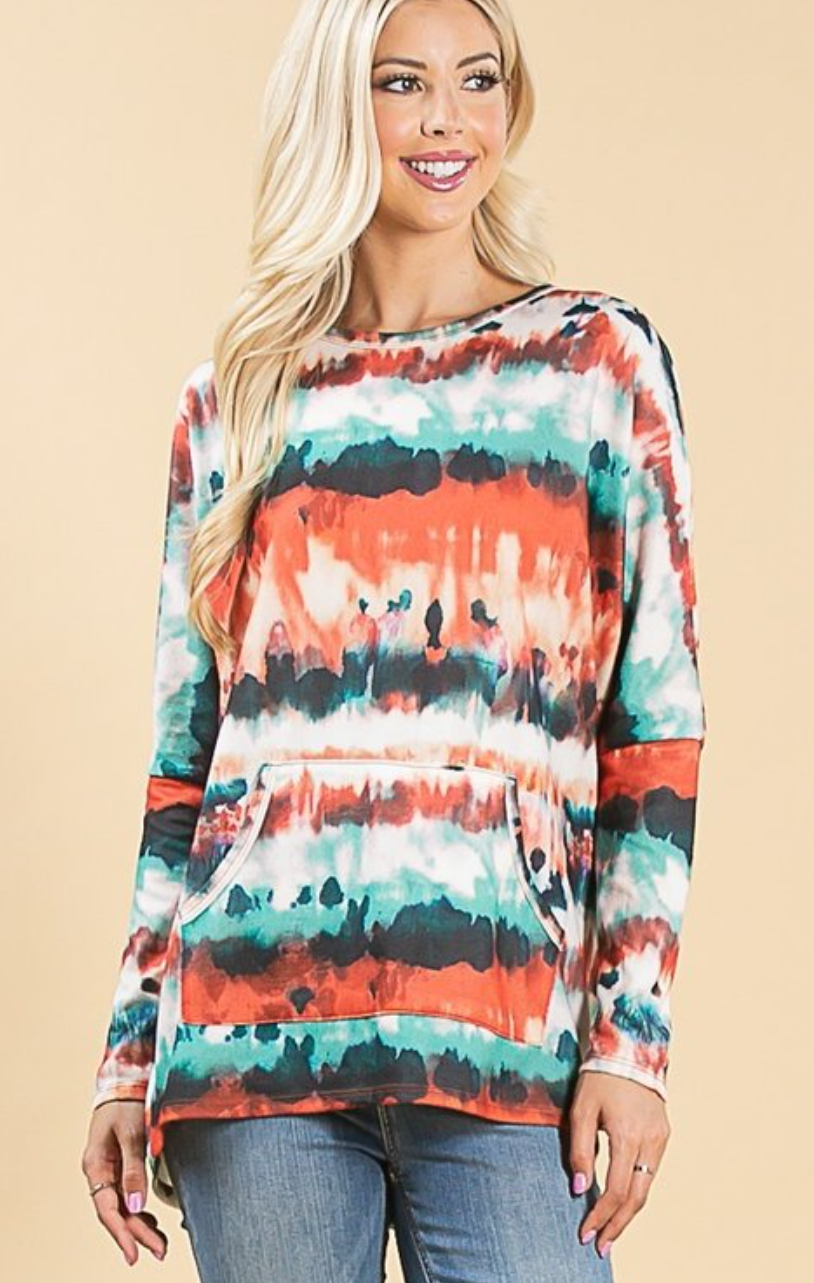 The Silvia II- Turquoise, Orange, & Rust Tie Dye Ultra Soft Hacci Sweater by Avery Apparel