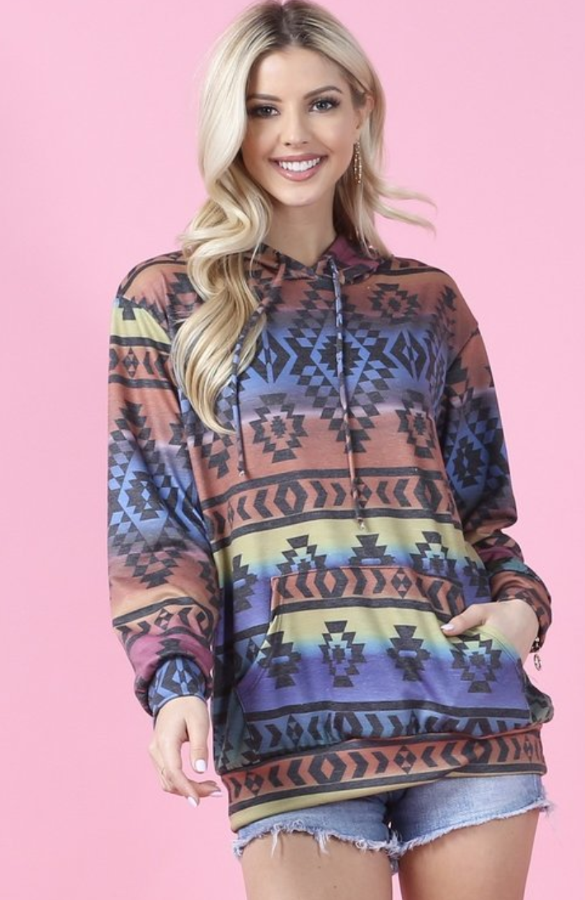 The Charlie-Aztec Blue Rust Mustard Multi Color French Terry Hoodie