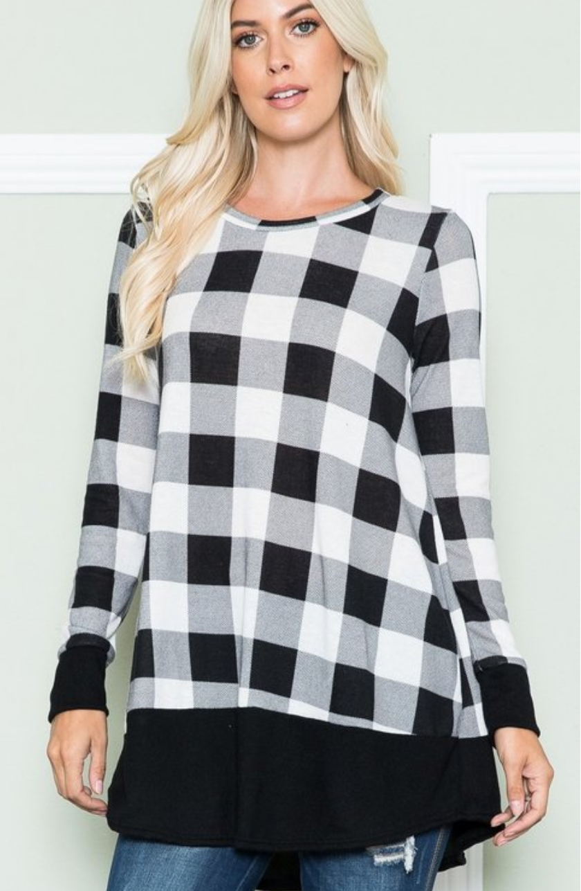 White & Black Plaid Long Sleeve Top with Solid Hem and Cuffs