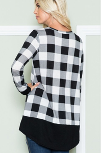 White & Black Plaid Long Sleeve Top with Solid Hem and Cuffs