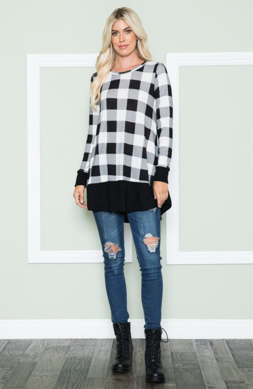 White & Black Plaid Long Sleeve Top with Solid Hem and Cuffs