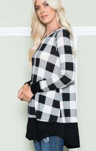 White & Black Plaid Long Sleeve Top with Solid Hem and Cuffs