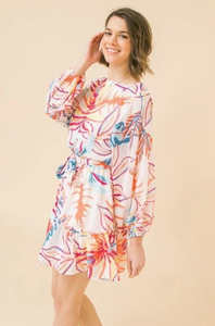 Spring Summer Tropical Floral Sheer Lined Short Dress with Ruffle Trim and Tie Belt in Pink or Ivory