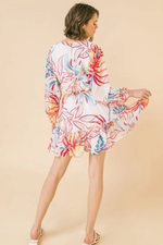 Load image into Gallery viewer, Spring Summer Tropical Floral Sheer Lined Short Dress with Ruffle Trim and Tie Belt in Pink or Ivory
