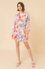 Load image into Gallery viewer, Spring Summer Tropical Floral Sheer Lined Short Dress with Ruffle Trim and Tie Belt in Pink or Ivory
