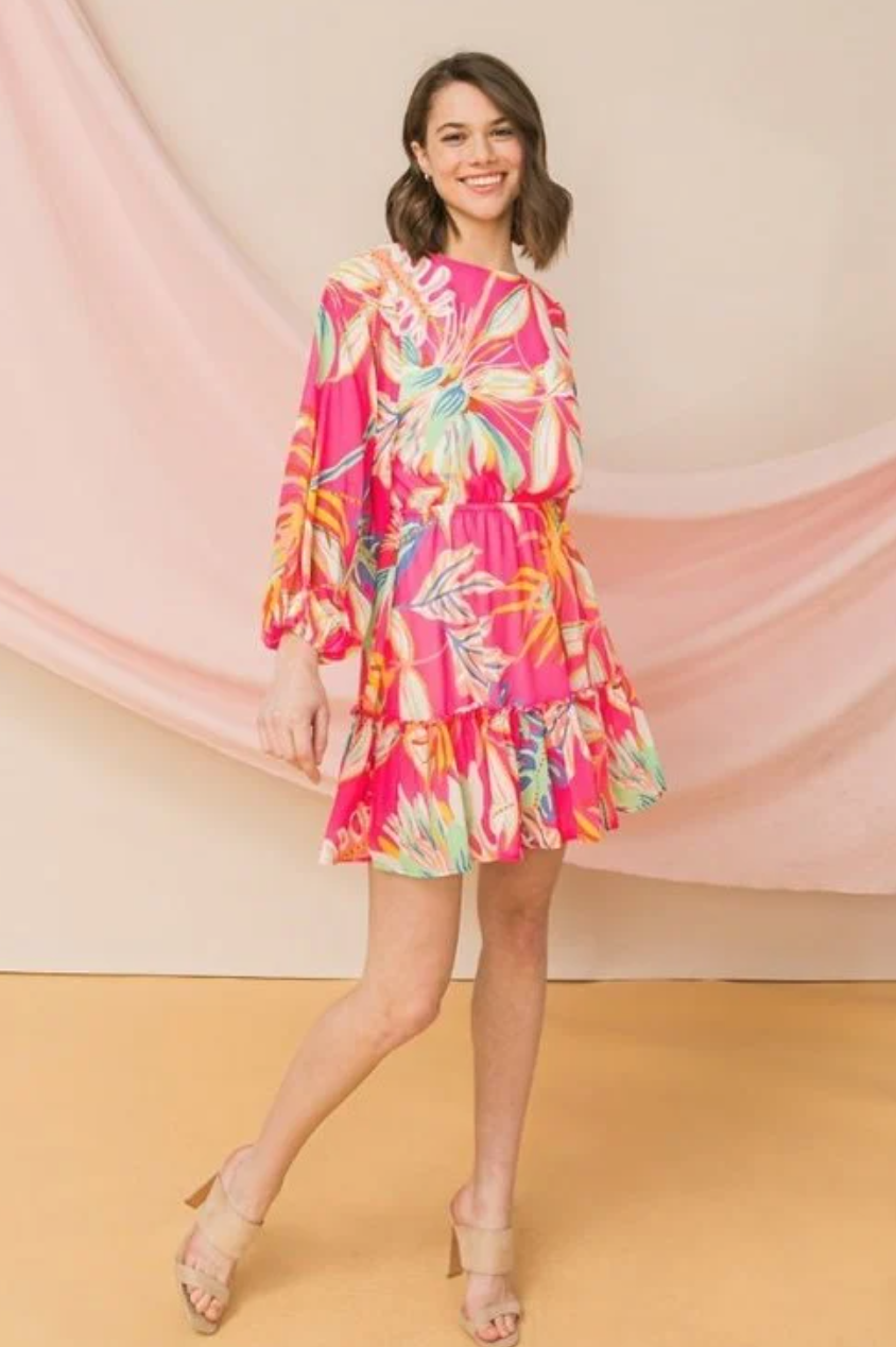 Spring Summer Tropical Floral Sheer Lined Short Dress with Ruffle Trim and Tie Belt in Pink or Ivory