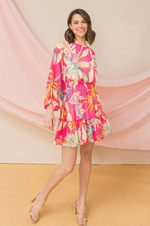 Load image into Gallery viewer, Spring Summer Tropical Floral Sheer Lined Short Dress with Ruffle Trim and Tie Belt in Pink or Ivory

