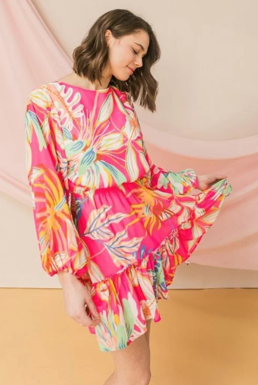 Spring Summer Tropical Floral Sheer Lined Short Dress with Ruffle Trim and Tie Belt in Pink or Ivory