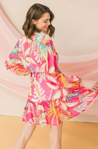Spring Summer Tropical Floral Sheer Lined Short Dress with Ruffle Trim and Tie Belt in Pink or Ivory