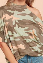 Load image into Gallery viewer, Summer Peach Camo Cold Shoulder Top
