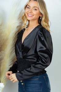 Black Long Sleeve Smocked Snatched Waist Shiny Top