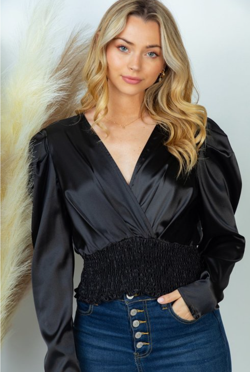Black Long Sleeve Smocked Snatched Waist Shiny Top