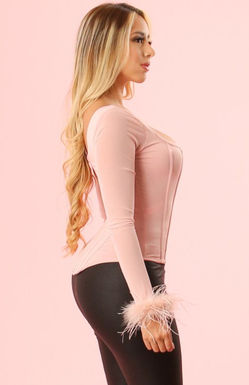 Baby Pink Corset Top with Sheer Mesh Panel & Feather Boa Trim