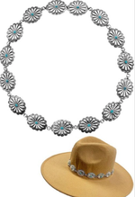 Load image into Gallery viewer, HAT BAND WITH HIGH POLISH WESTERN CONCHO STYLE FLOWER CASTING WITH TURQUOISE GEMSTONE
