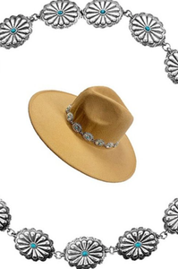 HAT BAND WITH HIGH POLISH WESTERN CONCHO STYLE FLOWER CASTING WITH TURQUOISE GEMSTONE