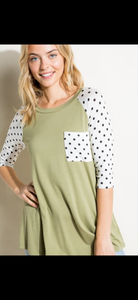 Indigo or Olive Color Curvy PLUS SOLID AND POLKA DOT MIXED FRONT POCKET 3/4 SLEEVE ROUND NECK BASEBALL TOP