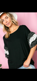 Load image into Gallery viewer, SOLID BLACK JERSEY AND POLKA DOT PRINT WOVEN MIXED TIERED RUFFLE HALF SLEEVE ROUND NECK TOP
