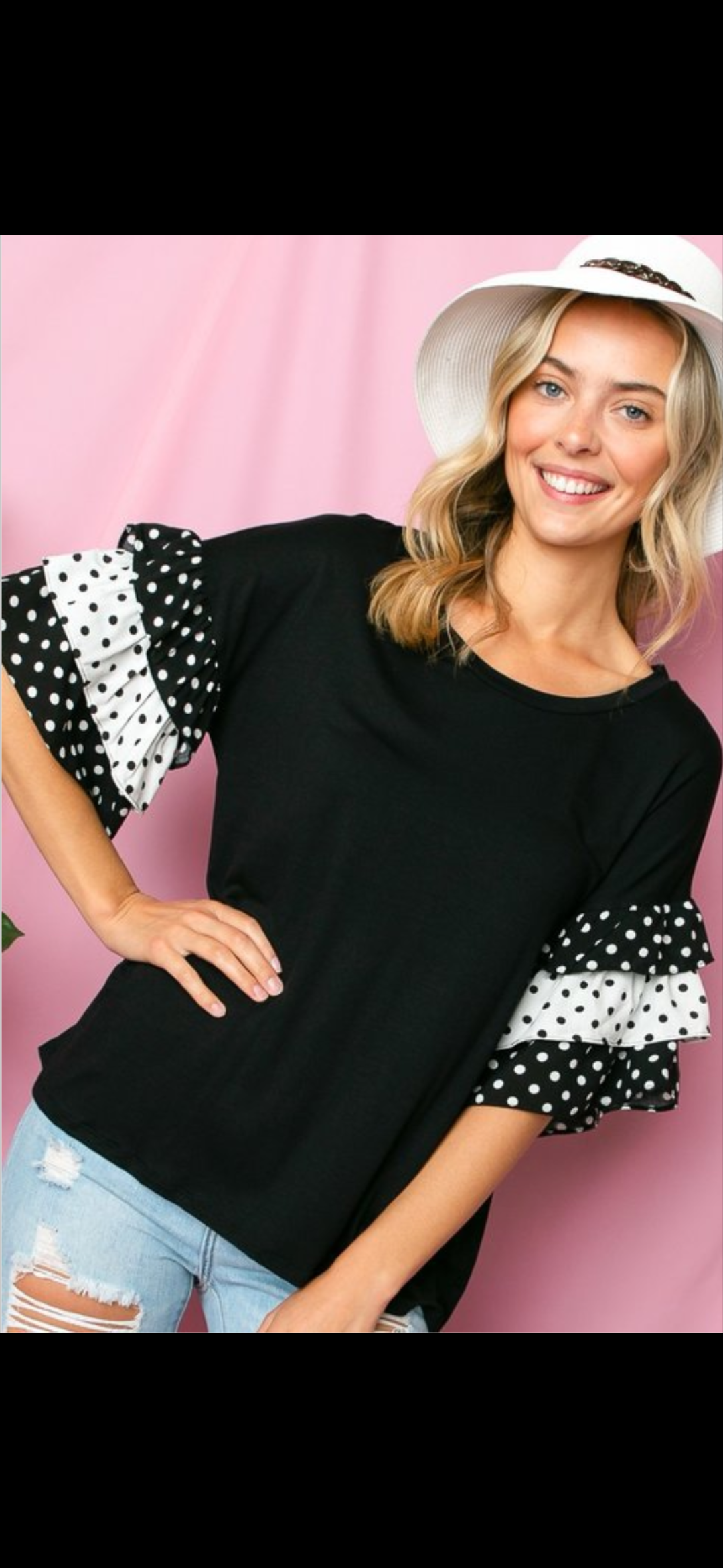 SOLID BLACK JERSEY AND POLKA DOT PRINT WOVEN MIXED TIERED RUFFLE HALF SLEEVE ROUND NECK TOP