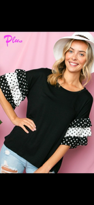 SOLID BLACK JERSEY AND POLKA DOT PRINT WOVEN MIXED TIERED RUFFLE HALF SLEEVE ROUND NECK TOP