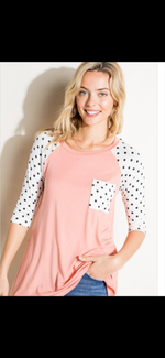 Load image into Gallery viewer, Coral or Olive SOLID AND POLKA DOT MIXED FRONT POCKET 3/4 SLEEVE ROUND NECK BASEBALL TOP
