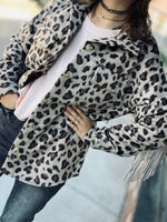Load image into Gallery viewer, Blue B Brushed Leopard Button Up Shacket w/ Studded Fringe on Back
