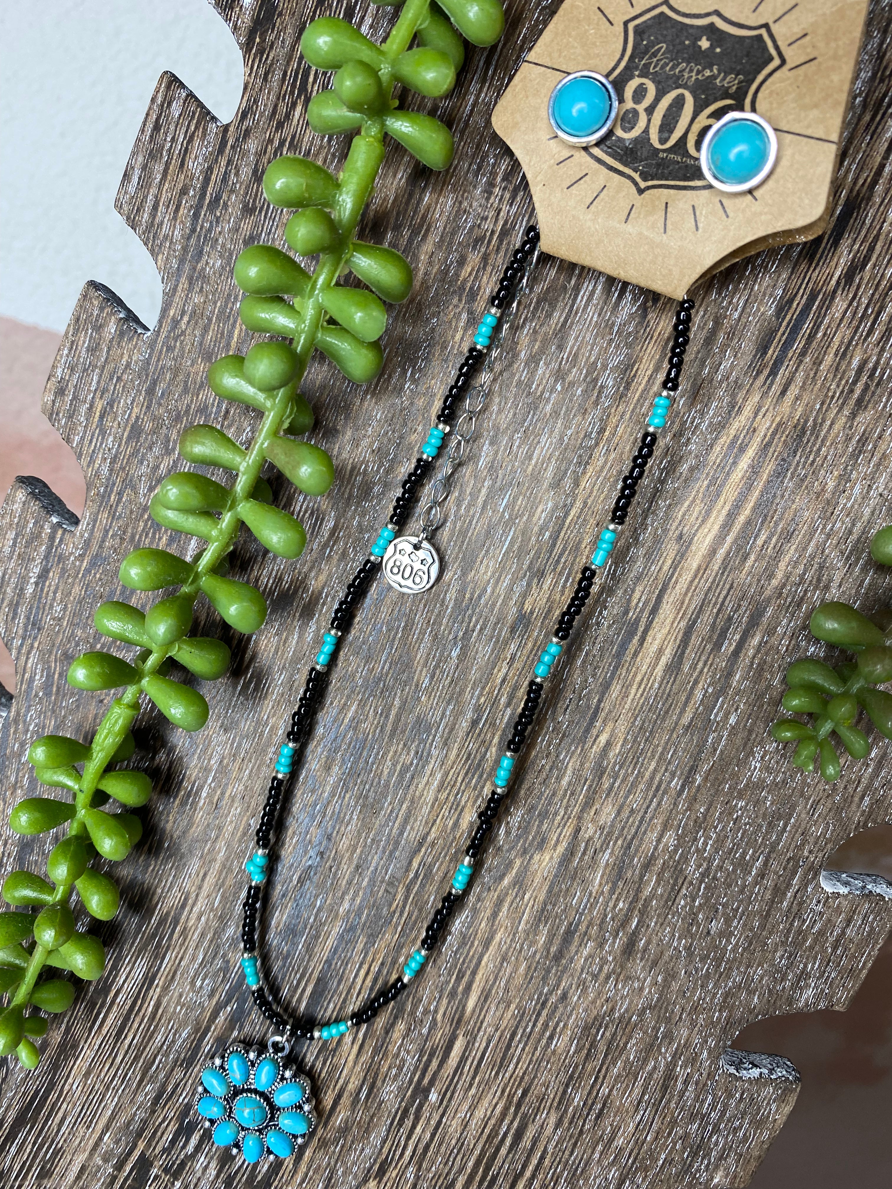 806 by Pink Panache Turquoise and Black Bead Chocker w/Turquoise Flower Drop Necklace w/Stud Earrings