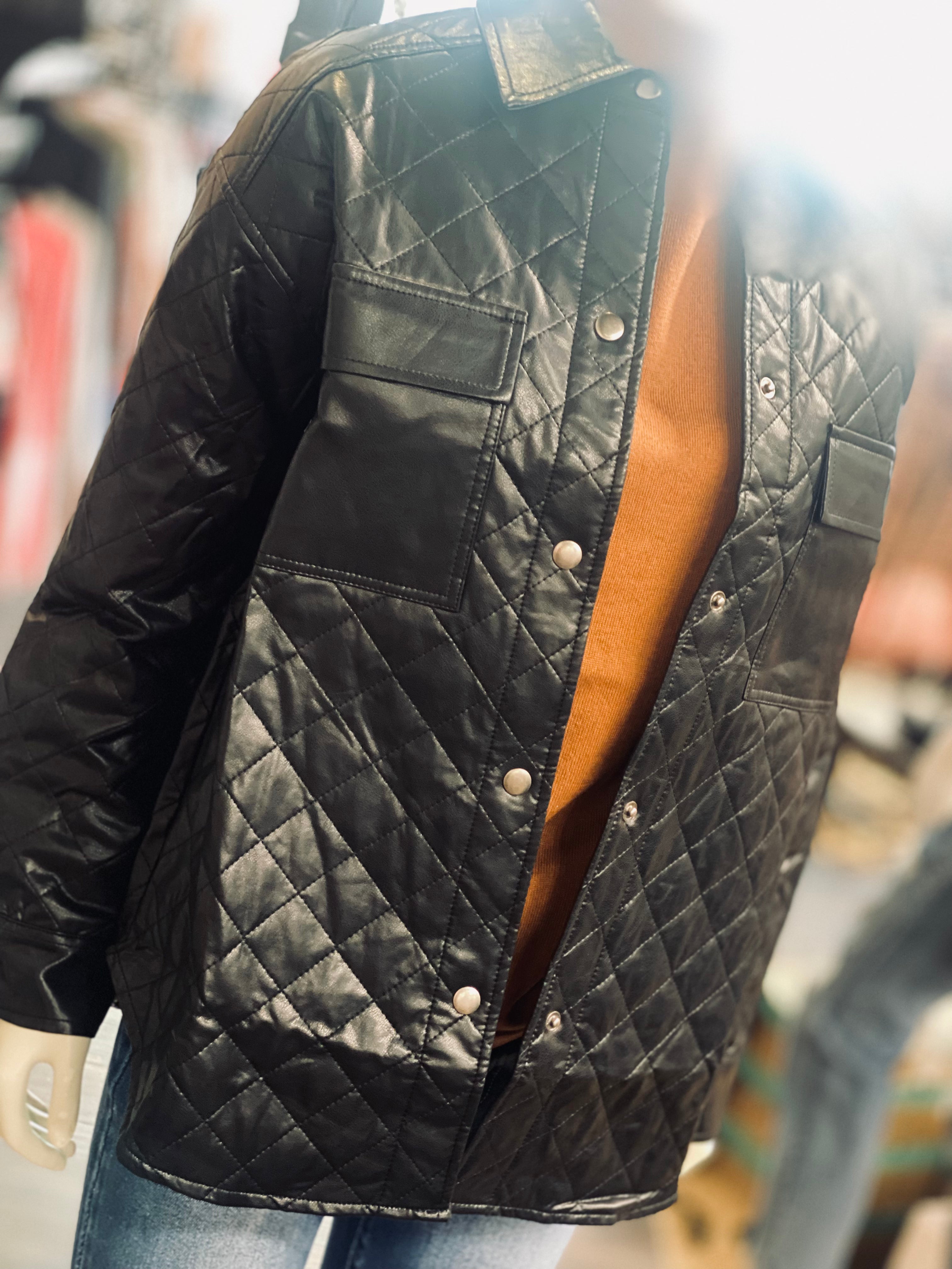ODDi Diamond Quilted Black Leather Jacket w/Snap Closure and Breast Pockets