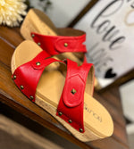 Load image into Gallery viewer, Corkys “Wander” Wedge Sandal (Black &amp; Red)
