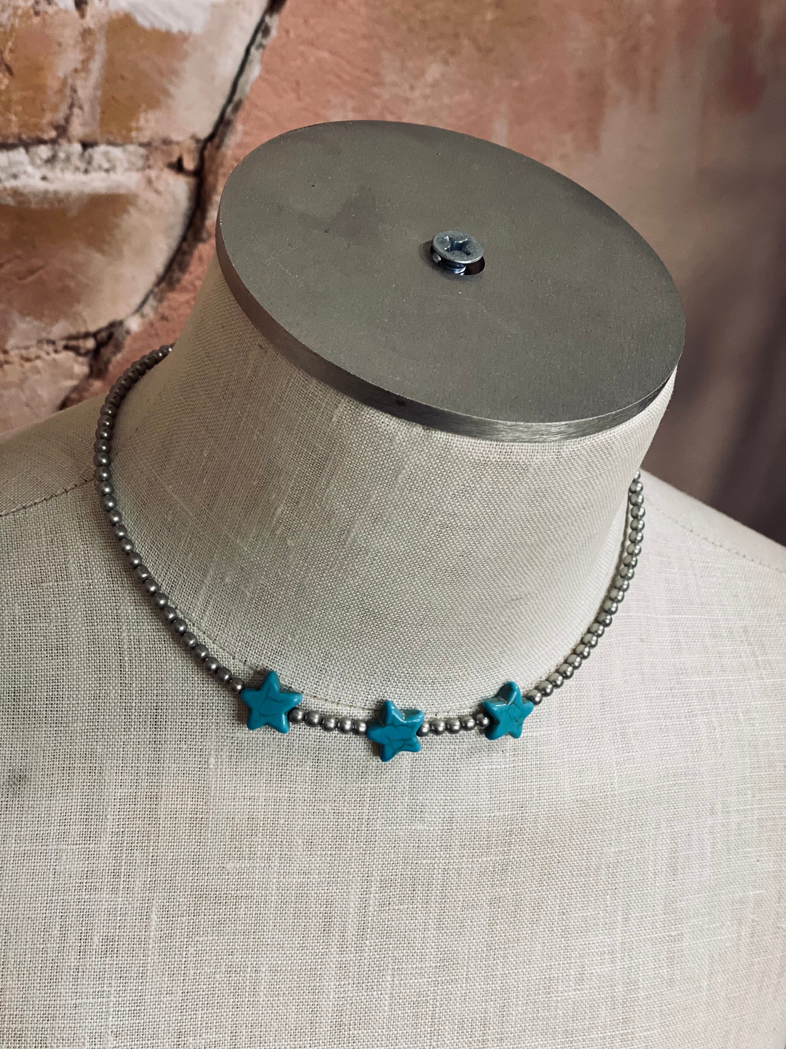 Turquoise Have Silver Bead with Turquoise Stars Necklace