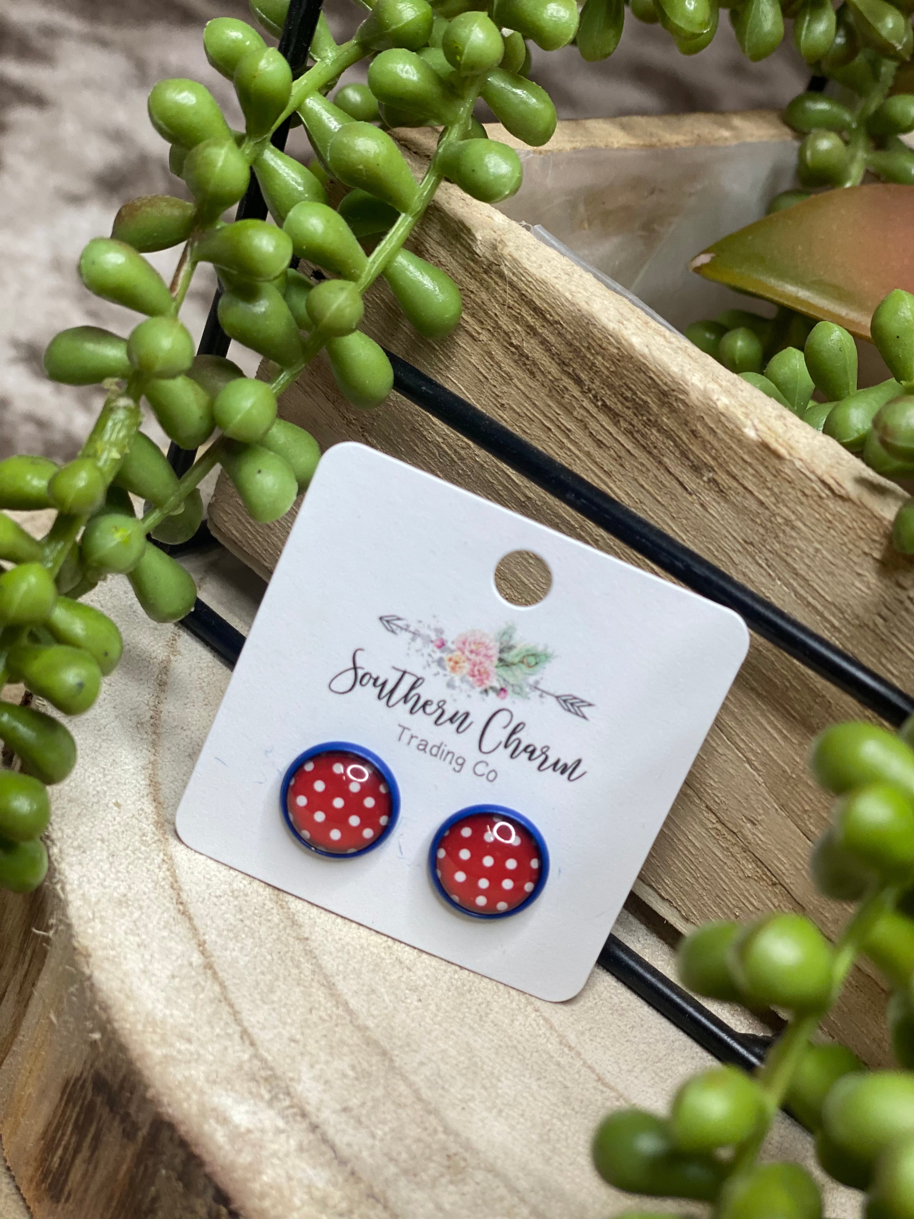 Southern Charm Red w/White Dot and Blue Back Stud Earrings