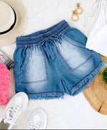 Load image into Gallery viewer, Chambray Frayed Hem Shorts with Pockets

