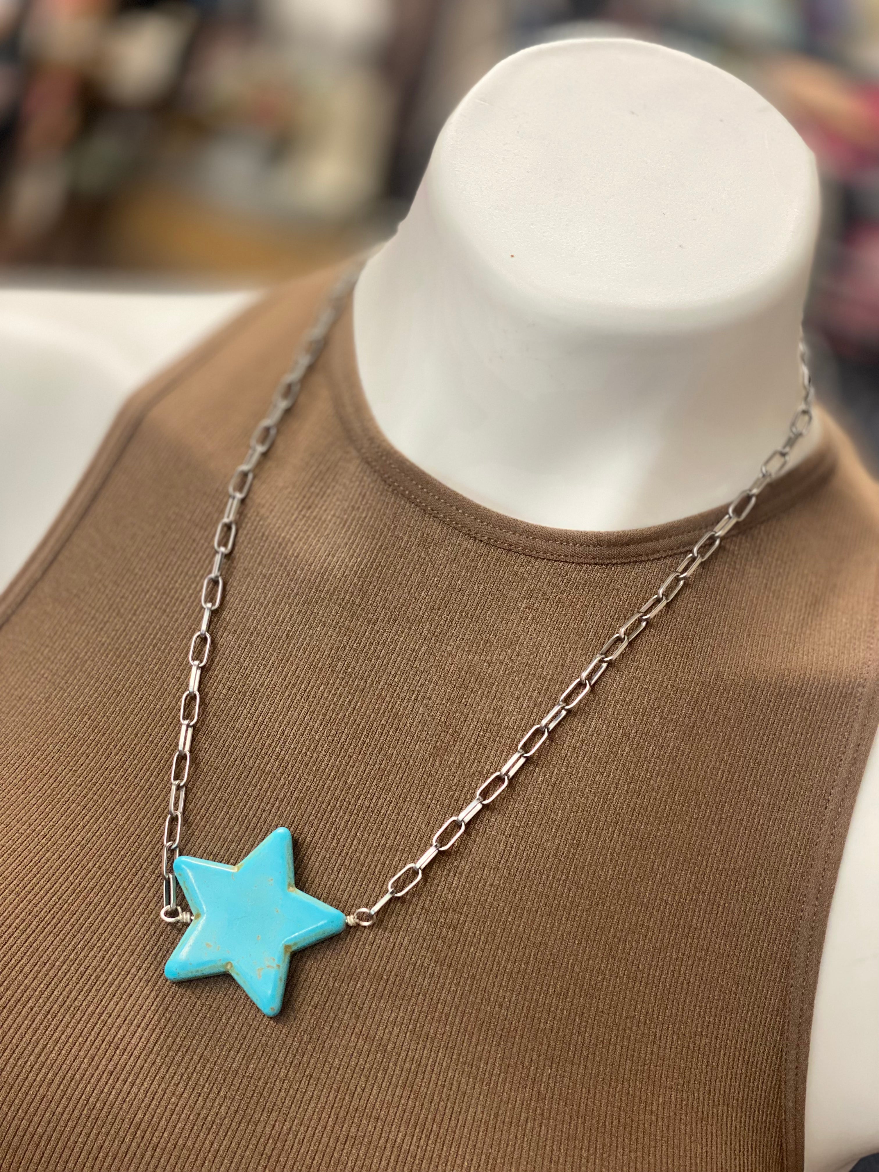 Large Turquoise Star Necklace w/ Paperclip Chain