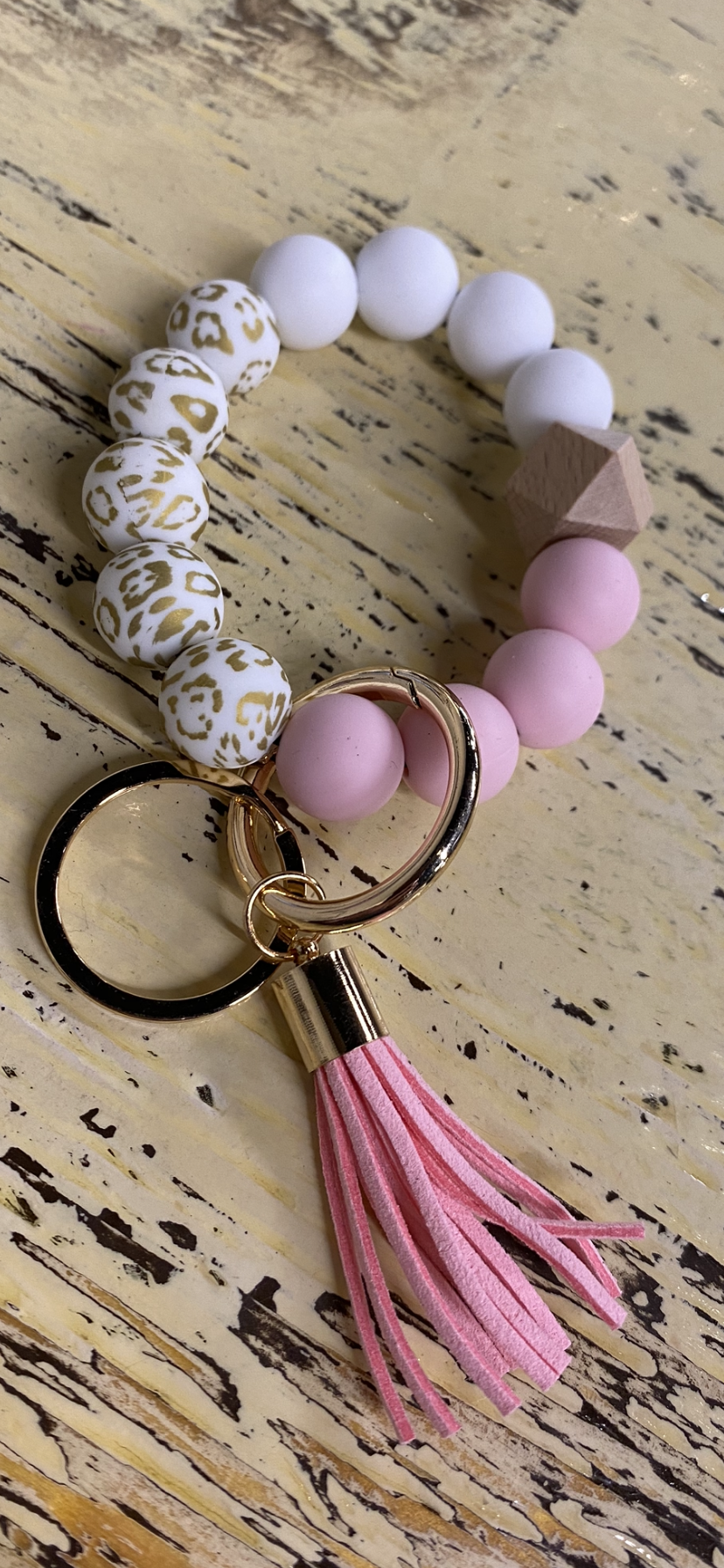Gold Leopard, Black, & White or Gold Leopard, Pink, & White Silicone Wristlet Keychain