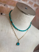 Load image into Gallery viewer, Pink Panache Gold Paperclip Necklace w/ Stone &amp; Colored Chain (white/turquoise)
