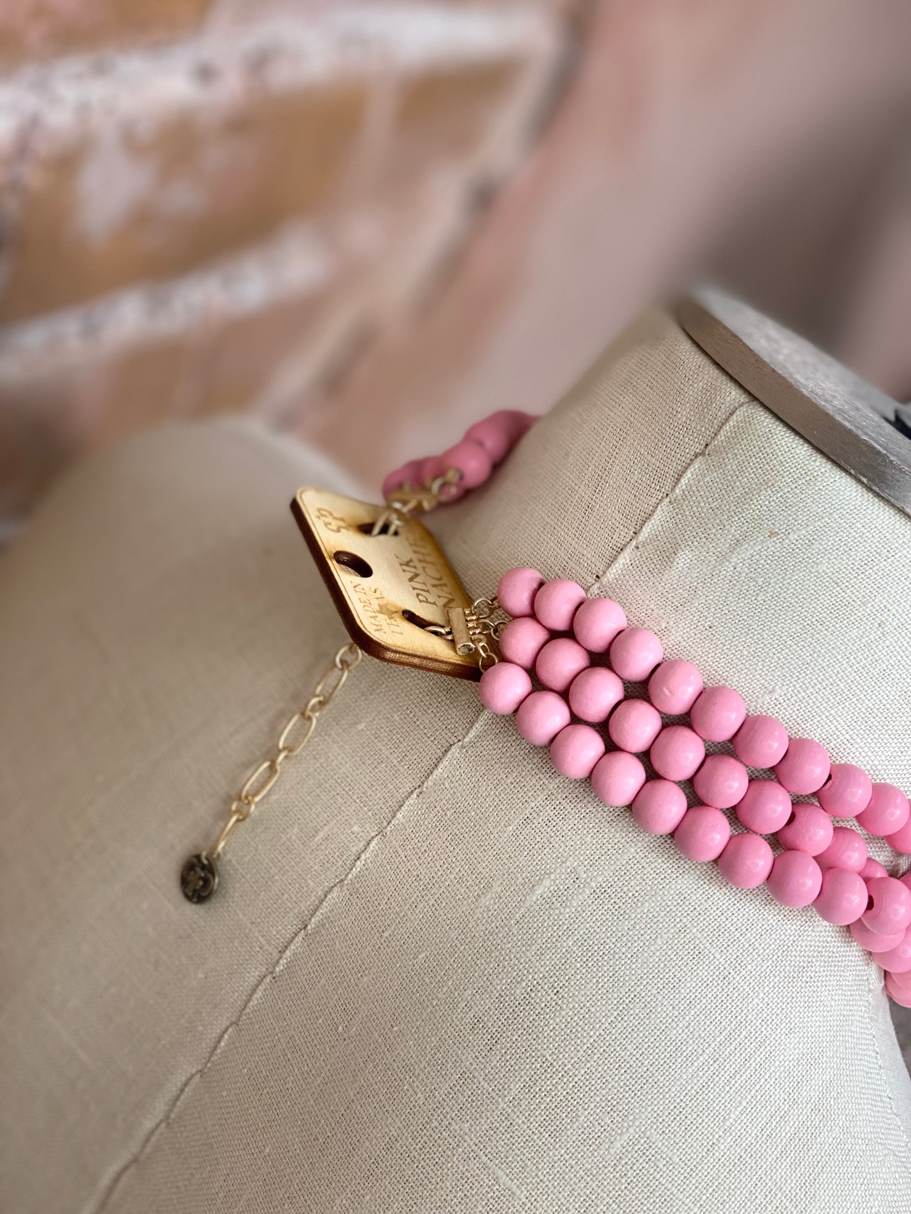 Pink Panache 3 Strand Wooden Bead Necklace (pink/turquoise/off white)