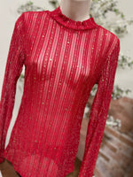 Load image into Gallery viewer, Blue B Stretch Metallic Star Stripe Mesh Mock Neck Long Sleeve Top
