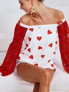 BiBi Heart Print Knit Top w/ Lace Seeves