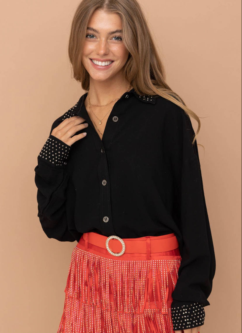 Blue B Black w/Rhinestone Studded Collar & Cuff Detail Shirt