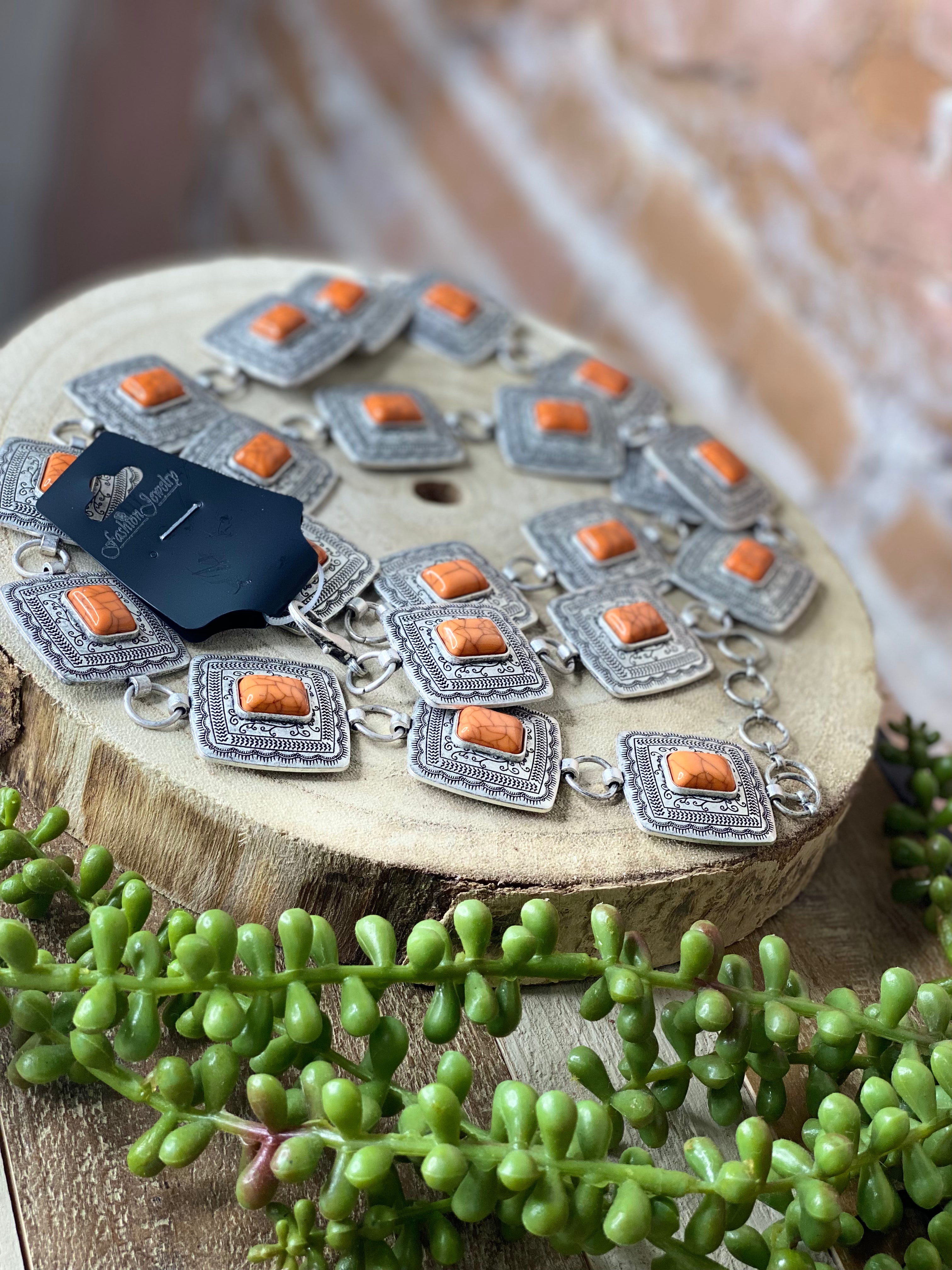 Fashion Jewelry Small Silver Belt w/Orange Square Stones