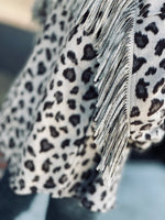 Load image into Gallery viewer, Blue B Brushed Leopard Button Up Shacket w/ Studded Fringe on Back
