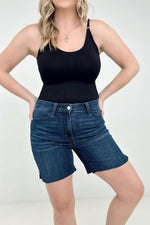 Load image into Gallery viewer, Judy Blue Dark Wash Mid Rise Non Distressed Denim Shorts with Raw Hem

