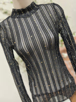 Load image into Gallery viewer, Blue B Stretch Metallic Star Stripe Mesh Mock Neck Long Sleeve Top
